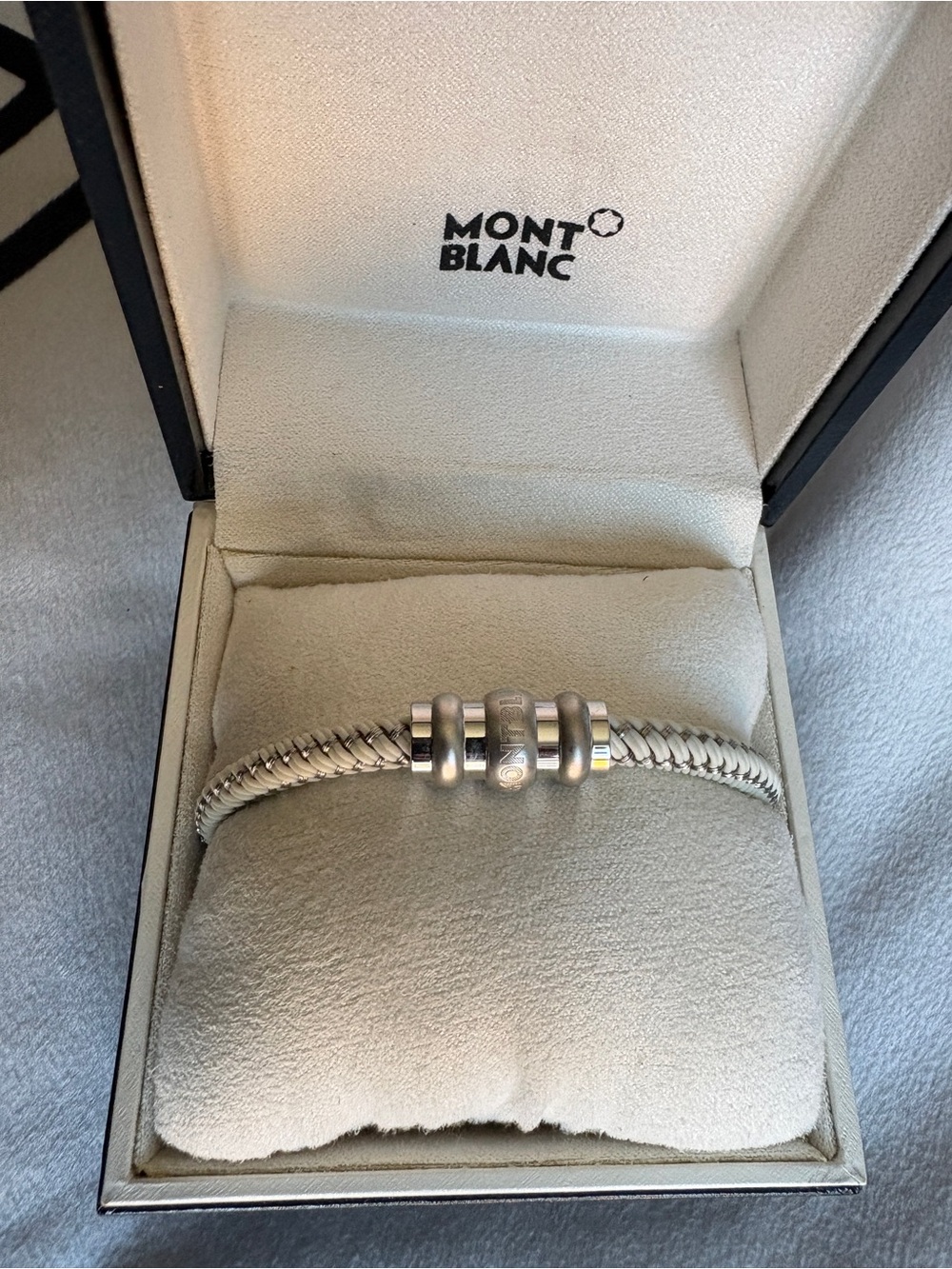 Montblanc White and Silver Braided Bracelet with Three Signature Beads
Size 7cm
